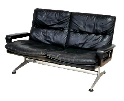 A vintage design two seater 'King' sofa, designed by  by André Vandenbeuck for Strässle in 1965, with black leather cushions 