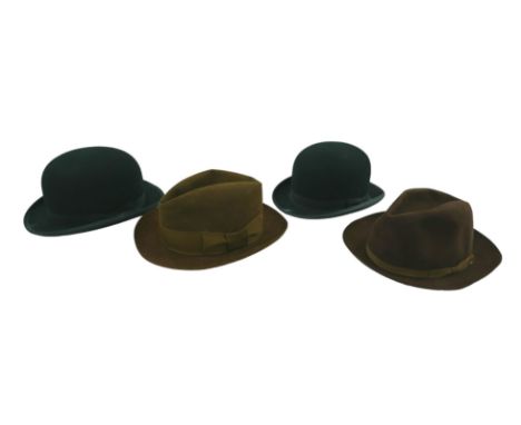 Four vintage hats, comprising, two Lock & Co. bowler hats, one with a Lock & Co. hat box, both approximately 56cm in radius, 
