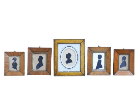 Five 19th century silhouette portraits, including an oval mounted portrait with text verso '. M. Webb portrait of her beloved