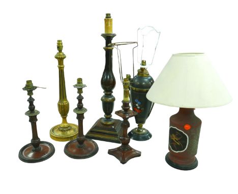 A collection of seven country house table lamps, to include a pair of mahogany and ormolu lamps 40cm tall, an oriental vase l