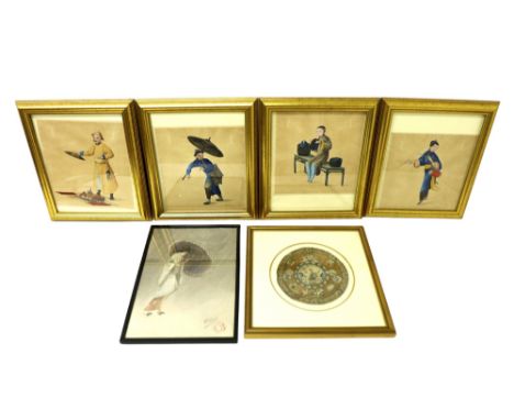 A set of four Chinese painted pictures, depicting figures at various pursuits, 26 by 24cm, in gold easel frames, 36 by 31cm, 