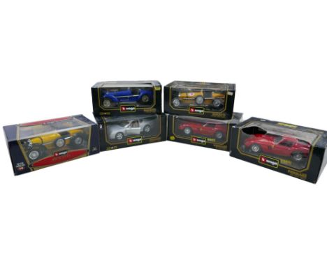 Six 1/1 8 scale die cast Burago model sports cars, including a 'Special Collection Bugatti "Type 59" 1934', all with original