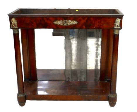 A Regency mahogany mirror back console table basen, with ormolu mounts, and turned columns, a/f missing marble surface, 103 b