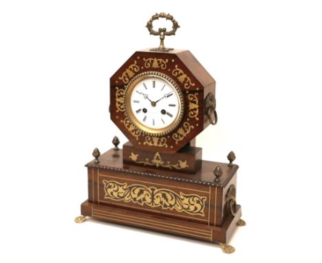 A French early 19th century mantel clock, with brass inlaid rosewood octagonal case, white enamel dial signed 'Raingo Fres A 