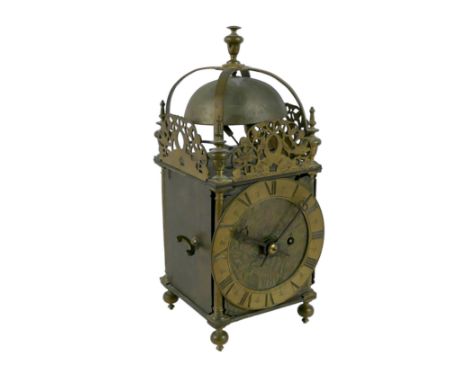 A Charles ll period brass lantern clock case, by Andrew Prime, London, with a later chain driven fusee movement striking on a