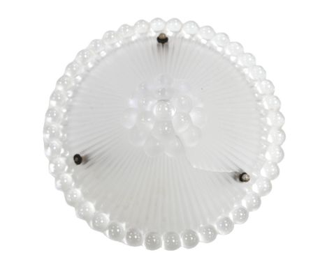 An R Lalique ribbed glass ceiling lamp shade, with bauble decoration, a/f, 29cm diameter. Provenance: Privately owned, Clipsh