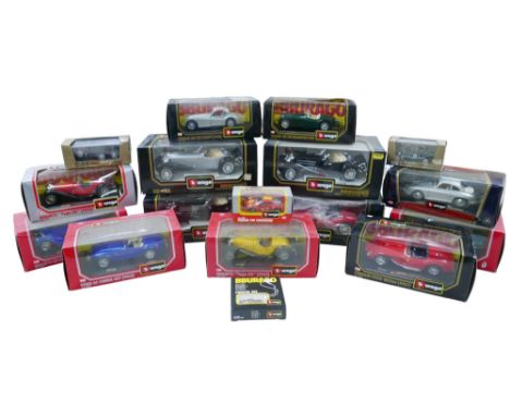 Sixteen Burago 1/20, 1/24 and 1/43 scale die-cast sports cars, including a 1/20 scale 'Mercedes Benz 500K Roadster (1936)', a