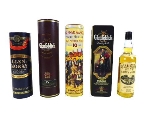 Five bottles of Scotch whisky Glenfiddich clan Sinclair 70cl, Solera reserve 1 litre, Glen Moray 70cl, Glenmoriston 70cl and 