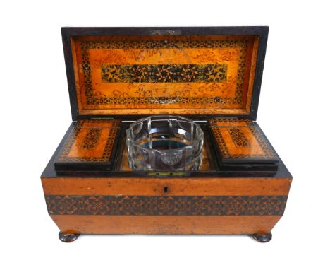 A 19th Century Tunbridge Ware rosewood country House tea caddy, replacement bowl, 32 by 16 by 17cmSome losses but reasonably 