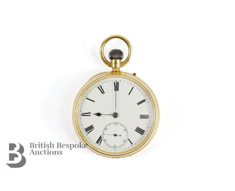 Gentleman's 18ct yellow gold pocket watch, London hallmark dated 1898. The watch having a 50mm white enamel face with Roman d