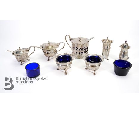 Silver cruet comprising Edward VIII mustard pot London hallmark dated 1944 mm F &amp; Son Ltd, cruet set comprising two musta