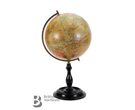 Late Victorian Geographia 8" Terrestrial Globe, showing railways, steamer routes and English possessions, mounted in brass ha