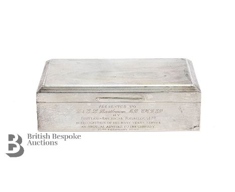 Silver table cigarette box, Birmingham hallmark, dated 1966, mm Mappin &amp; Webb, the front of the box engraved to Dr E.L Ba