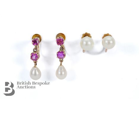 Pair of antique 9ct yellow gold ruby and pearl drop earrings, measuring approx 8 x 6mm, rubies measuring 4mm, total drop 23mm