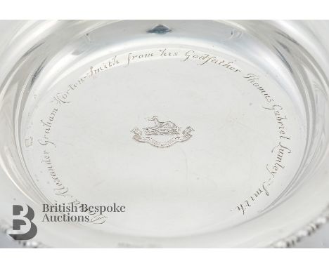 Edward VII Gass &amp; Co silver christening set, comprising of bowl and spoon, Sheffield hallmark dated 1908/9, mm Atkin Bros