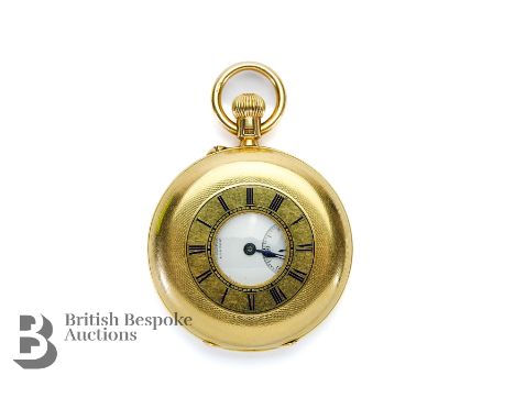 Victorian Dent of London 18ct yellow gold and enamel half hunter pocket watch. The self-wind pocket watch having a white enam