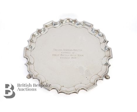 George V silver salver, of circular form, with pie-crust moulded edge, resting on pad feet, inscribed 'David Horton-Smith Cap