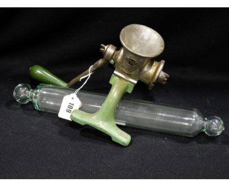 A Vintage Table Top Mincer Together With A Glass Rolling Pin