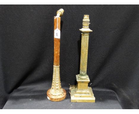 A Square Stepped Brass Column Table Lamp Base Together With A Similar Wooden Lamp Base
