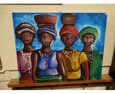 Contemporary School, Oil On Canvas, Portrait Study Of A Group Of Four African Women, Signed J.S Mfikela, 2017, 31 X 39"