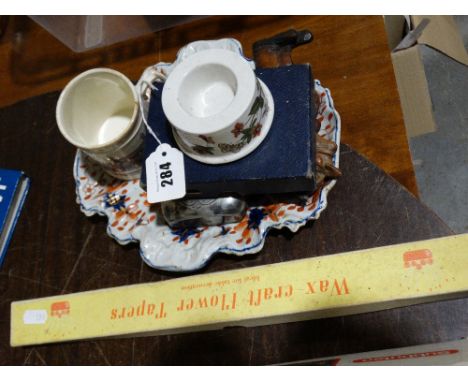 An Ironstone Pottery Serving Dish Together With A Glass & Plated Hip Flask Etc