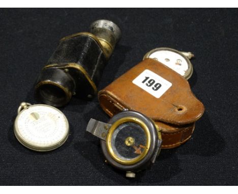 A Military Issue Pocket Compass Within A Leather Case, Together With A Monoscope & Two Measuring Gauges