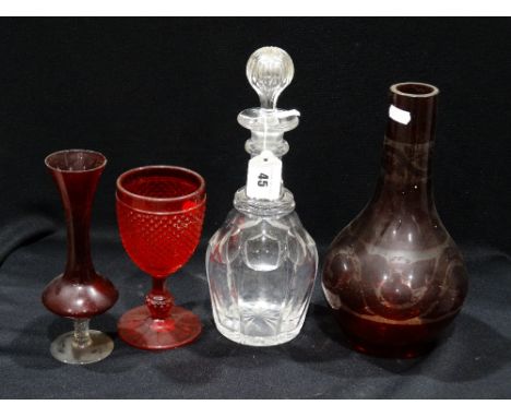 A Narrow Necked Victorian Decanter Together With Four Ruby Tinted Glass Pieces