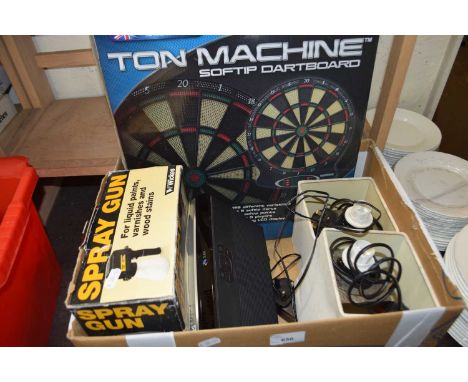 Box of mixed items to include a spray gun, dart board, table lamps etc