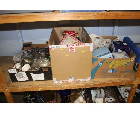 A shelf of assorted, silver plate etc.