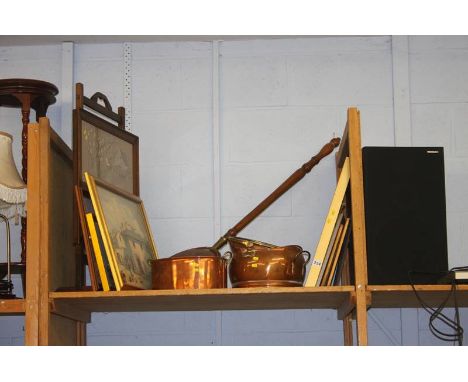 A shelf of assorted, copper bed pan etc.