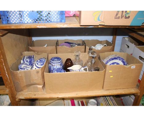 A shelf of assorted, including Ringtons blue and white china etc.