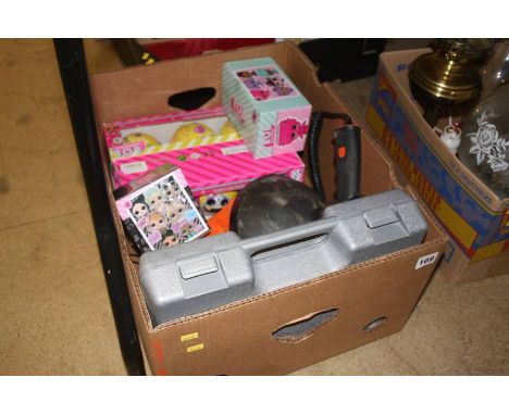 Box of assorted to include a Wildhunter lithium lamp, Lynx power drill and LOL toys