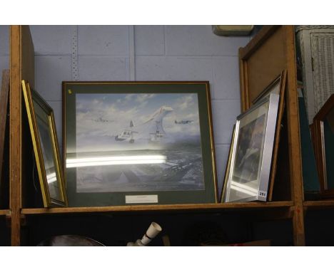 A shelf of framed Concorde and Cunard pictures /prints