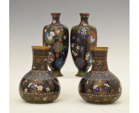 Two pairs of Japanese cloisonné vases, Meiji period, the first pair of slender square tapered form and decorated with a serie