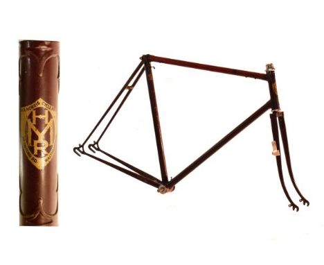 H.R. Morris of Walthamstow Reynolds 531 steel racing cycle frame in brown having braze-on pump brackets, cable guides and for