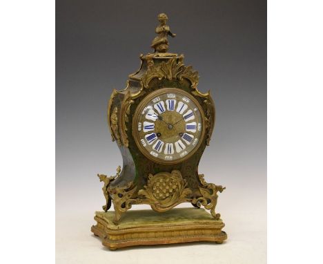 19th Century French Buhl brass inlaid and mounted green tortoiseshell mantel clock, the case surmounted with a seated cherub,