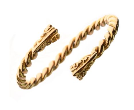 Torc bangle, unmarked, of barley twist design with decorative terminals, 61g gross Condition: Bangle is distorted, tests as 1