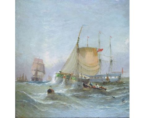 Attributed to William Calcott Knell (1830-1880) - Oil on board - Seascape with fishing boats and other vessels, signed with i