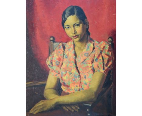 John Whitlock Codner (1913-2008) - Oil on canvas - Half length portrait of a young Oriental girl wearing a floral blouse and 