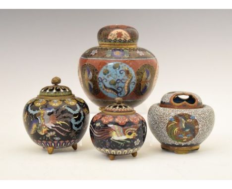 Four Japanese cloisonné jars and covers, each Meiji period, the largest 12.25cm high  Condition: The largest piece has a 1cm 