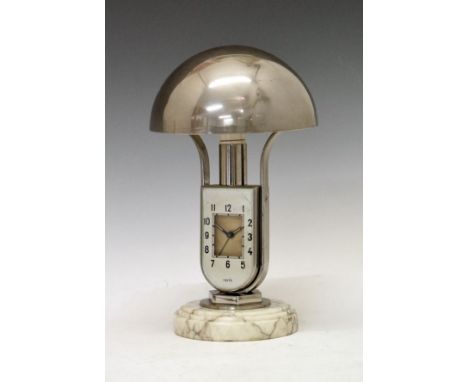 Vintage Mofem nickel plated desk lamp/clock having a dome shaped shade, the inverted arch shaped clock with Arabic numerals, 