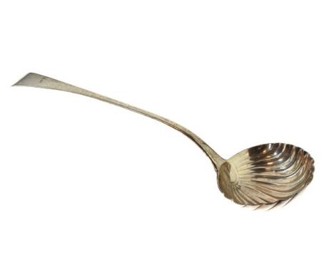 William IV silver Old English patterned punch ladle having a scallop bowl, maker Charles Boyton, London 1833, 31.5cm long, 5.
