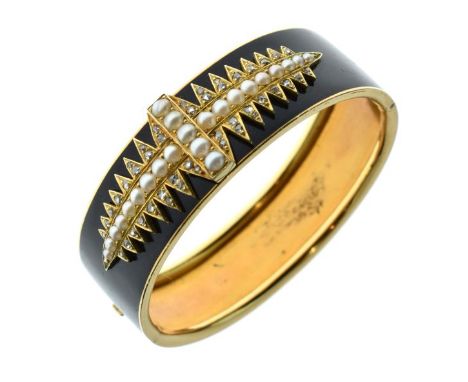 Victorian diamond, split pearl and enamel hinged bangle, with unidentified head mark, the line of pearl (untested and unwarra