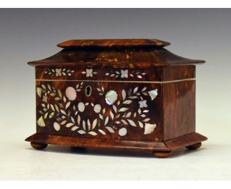 19th Century mother-of-pearl inlaid tortoiseshell sarcophagus shaped tea caddy, the hinged cover opening to reveal a lidded t