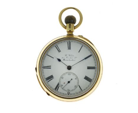 H. White, 104 Market St, Manchester - 18ct gold open faced pocket watch, the signed white enamel dial with black Roman numera