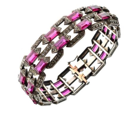 Good French paste and synthetic ruby set bracelet, with control marks, set with colourless and red synthetics, 18cm long, cas