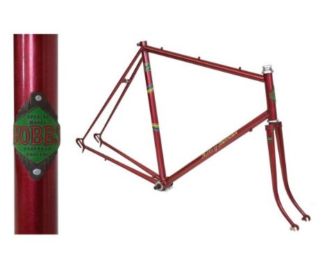 Hobbs of Barbican Reynolds 531 lugless steel racing cycle frame in metallic burgundy with gold decals and rainbow stripes, ha