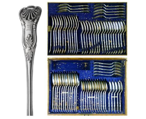 George V canteen of silver Kings pattern cutlery, comprising: thirty-six dessert forks, twelve table forks, twelve tablespoon