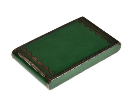 Lady's silver and guilloché enamel cigarette case, the exterior in green, the hinged cover opening to reveal a silver gilt in