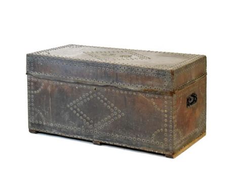 19th Century brass studded leather bound pine trunk, the hinged top with initials J.G., 91.5cm wide  Condition: 48cm high x 4